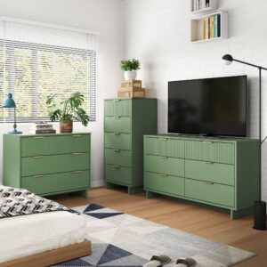 Manhattan Comfort 3-Piece Granville Modern Solid Wood Tall Narrow Chest, Double Dresser Set and Standard Dresser Set in Sage Green