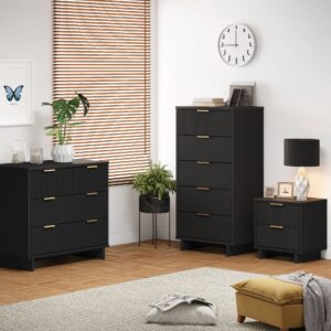 Manhattan Comfort 3-Piece Granville Modern Solid Wood Standard Dresser, Tall Narrow Chest and Nightstand Set in Black