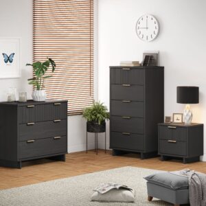 Manhattan Comfort 3-Piece Granville Modern Solid Wood Standard Dresser, Tall Narrow Chest and Nightstand Set in Dark Grey