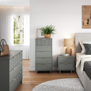 Manhattan Comfort 3-Piece Granville Modern Solid Wood Tall Narrow Chest, Double Dresser, and Nightstand Set in Light Grey