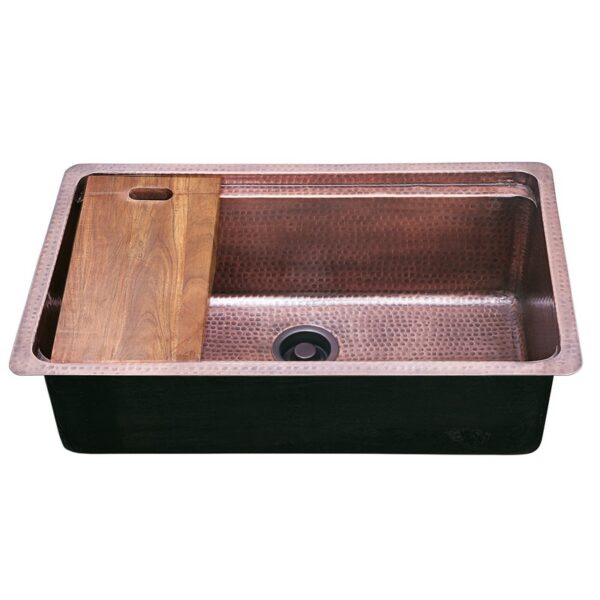 Nantucket Sinks KCH-PS-3220 Brightwork Collection 32 Inch Hand Hammerd Copper Prepstation Kitchen Sink with Acacia Wood Cutting Board