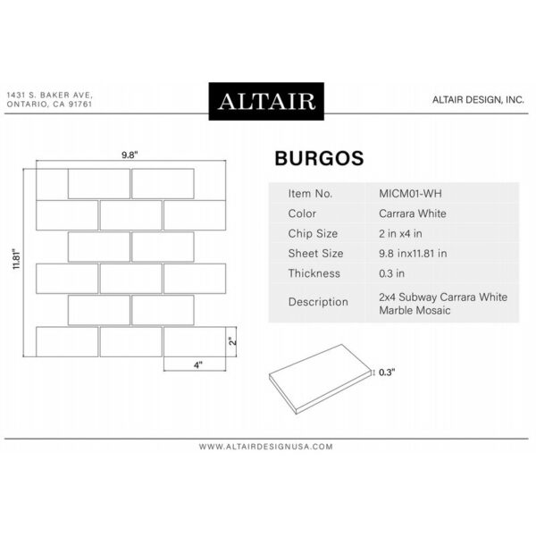 Altair MICM01-WH Burgos 11 3/4 Inch x 9 3/4 Inch Marble Mosaic Floor and Wall Tile - 11 Pieces