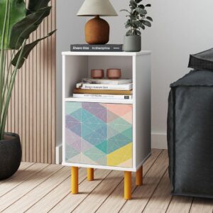 Manhattan Comfort Mid-Century Modern Retro Nightstand with 2 Shelves in White and Multi Color Red, Yellow, Blue Print