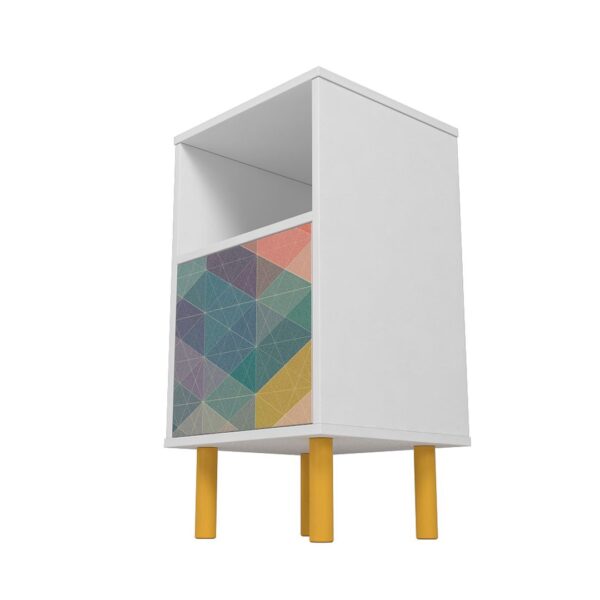 Manhattan Comfort Mid-Century Modern Retro Nightstand with 2 Shelves in White and Multi Color Red, Yellow, Blue Print