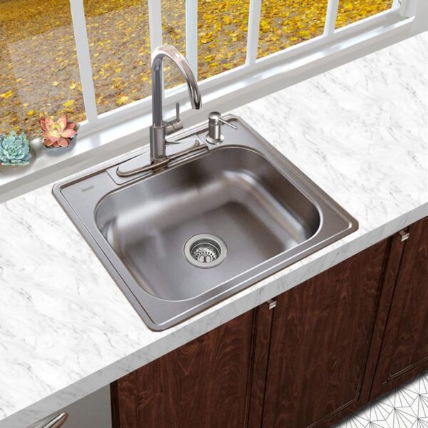 Nantucket Sinks NS2522-8 25 Inch Rectangle Single Bowl Self Rimming Stainless Steel Drop In Kitchen Sink, 18 Gauge