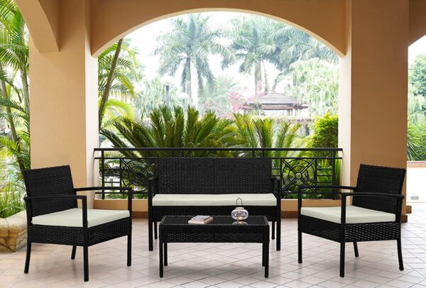 Manhattan Comfort Noli Steel Rattan 4-Piece Patio Conversation Set with Cushions in Cream