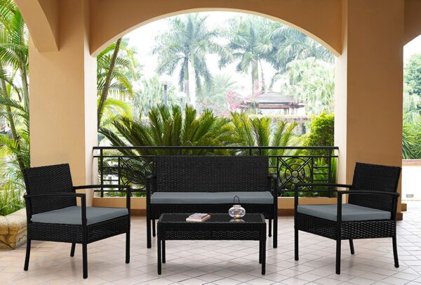 Manhattan Comfort Noli Steel Rattan 4-Piece Patio Conversation Set with Cushions in Grey