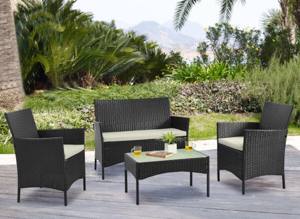 Manhattan Comfort Imperia Steel Rattan 4-Piece Patio Conversation Set with Cushions in Cream