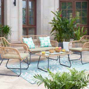 Manhattan Comfort Antibes 2.0 Steel Rattan 4-Piece Patio Conversation Set with Cushions in Cream