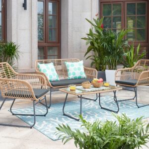 Manhattan Comfort Antibes 2.0 Steel Rattan 4-Piece Patio Conversation Set with Cushions in Grey