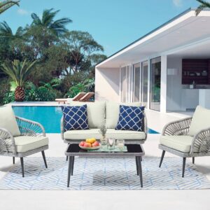 Manhattan Comfort Riviera Rope Wicker 4-Piece 4 Seater Patio Conversation Set with Cushions in Cream