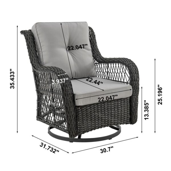 Manhattan Comfort Fruttuo Swivel Steel Rattan 3-Piece Patio Conversation Set with Cushions in Grey