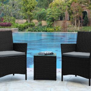 Manhattan Comfort Imperia Steel Rattan 3-Piece Patio Conversation Set with Cushions in Grey