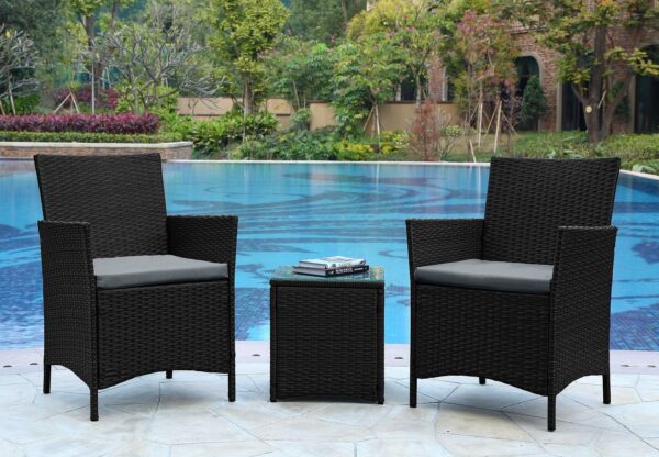 Manhattan Comfort Imperia Steel Rattan 3-Piece Patio Conversation Set with Cushions in Grey