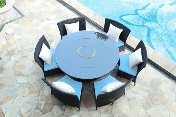 Manhattan Comfort Nightingdale Black 7-Piece Rattan Outdoor Dining Set with Sky Blue and White Cushions