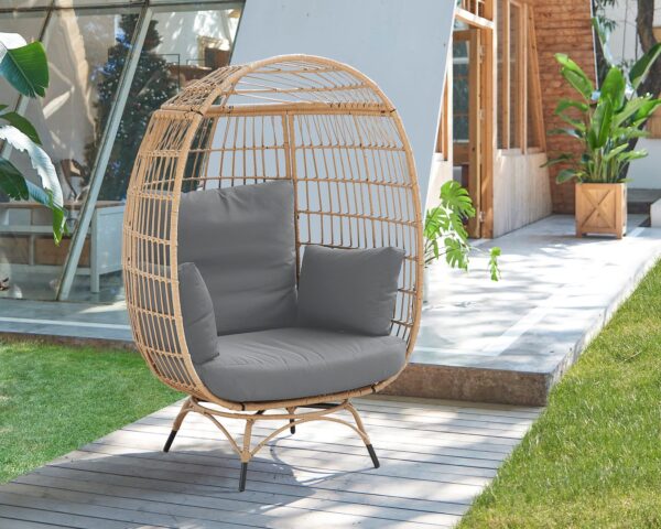 Manhattan Comfort Spezia Freestanding Steel and Rattan Outdoor Egg Chair with Cushions in Grey