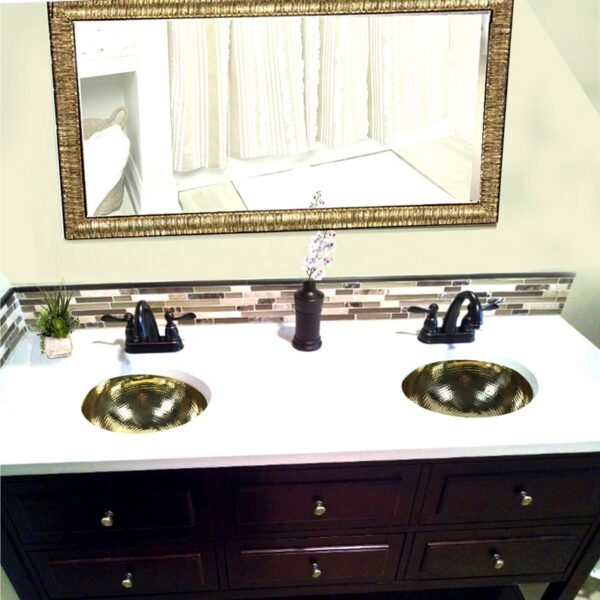 Nantucket Sinks ROB-OF 13 Inch Hand Hammered Brass Round Undermount Bathroom Sink With Overflow