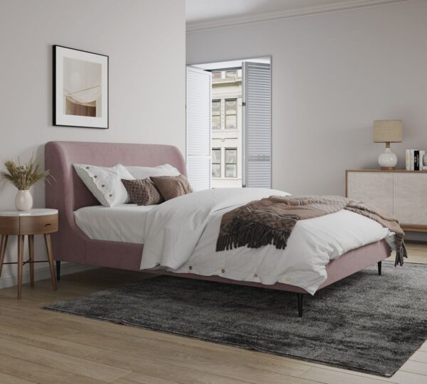 Manhattan Comfort Heather Full-Size Bed in Velvet Blush and Black Legs