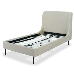 Manhattan Comfort Heather Velvet Twin Bed in Cream with Black Legs