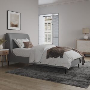 Manhattan Comfort Heather Velvet Twin Bed in Grey with Black Legs