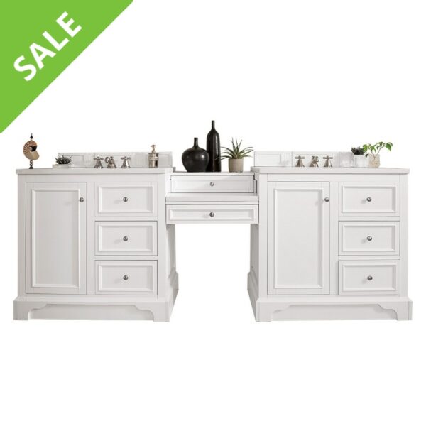 James Martin 825-V94-BW-DU-WZ De Soto 96 1/2 Inch Double Vanity with Set 3 CM White Zeus Quartz Top and Makeup Table in Bright White