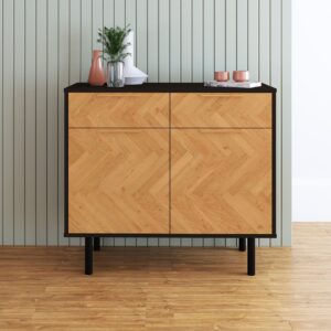 Manhattan Comfort Mid-Century Modern Liam Sideboard with 4 Shelves in Black and Wood