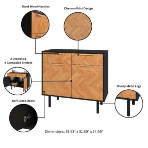 Manhattan Comfort Mid-Century Modern Liam Sideboard with 4 Shelves in Black and Wood