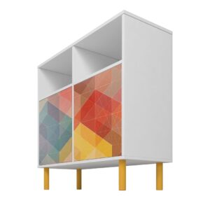 Manhattan Comfort Mid-Century Modern Retro Sideboard with 6 Shelves in White and Multi Color Red, Yellow, Blue Print