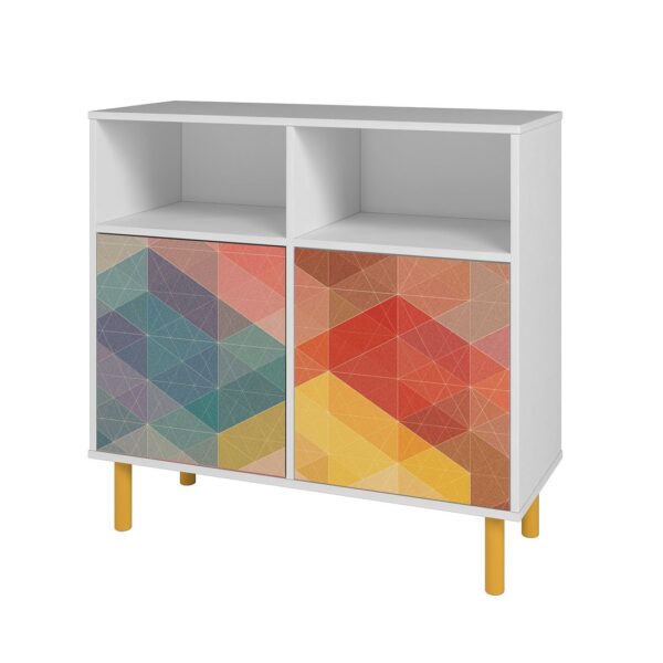 Manhattan Comfort Mid-Century Modern Retro Sideboard with 6 Shelves in White and Multi Color Red, Yellow, Blue Print