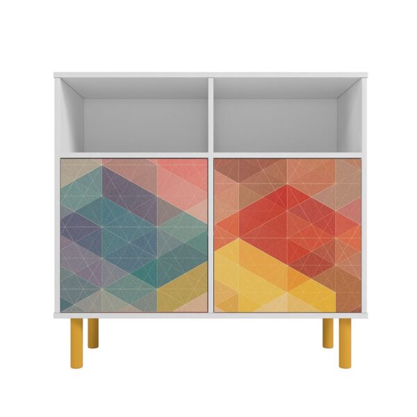 Manhattan Comfort Mid-Century Modern Retro Sideboard with 6 Shelves in White and Multi Color Red, Yellow, Blue Print