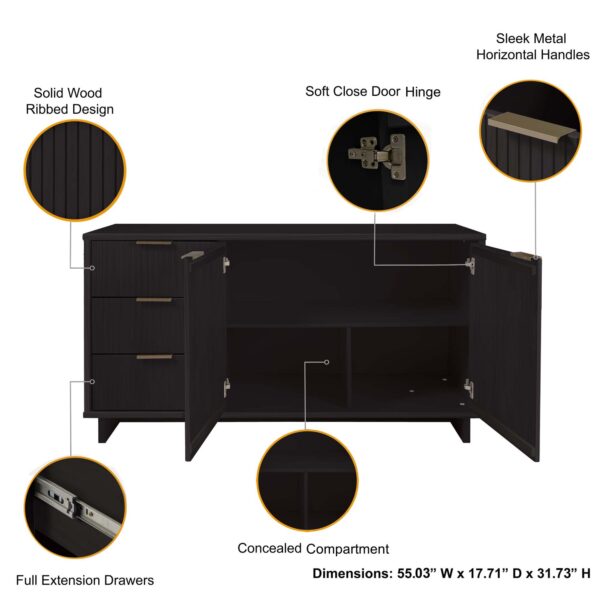 Manhattan Comfort Granville 55.07" Modern Sideboard with 3 Full Extension Drawers in Black