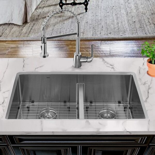 Nantucket Sinks SR3219-OS-16 32 Inch Pro Series 60/40 Offset Double Bowl Undermoun Stainless Steel Kitchen Sink