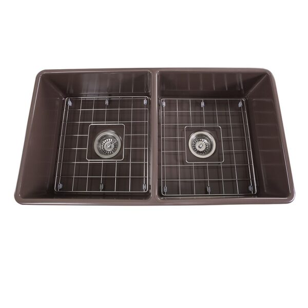 Nantucket Sinks T-FCFS33CB-DBL 33 Inch Double Bowl Coffee Brown Farmhouse Fireclay Kitchen Sink