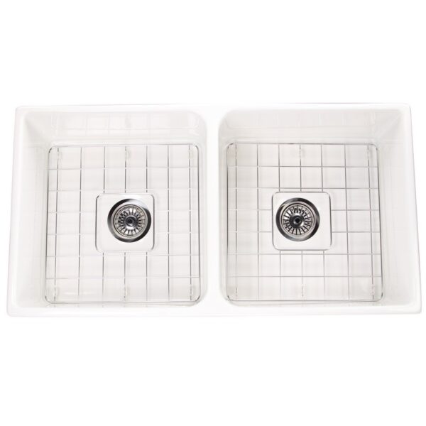 Nantucket Sinks T-FCFS36-DBL 36 Inch Double Bowl White Farmhouse Fireclay Kitchen Sink with Grids and Drains