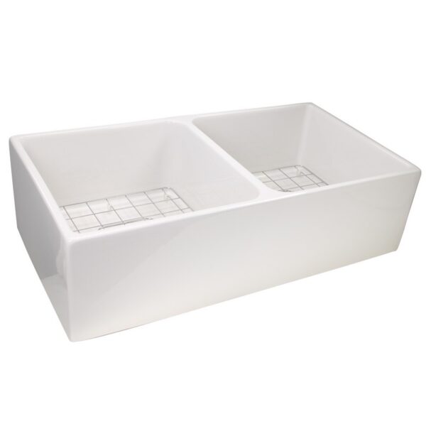 Nantucket Sinks T-FCFS36-DBL 36 Inch Double Bowl White Farmhouse Fireclay Kitchen Sink with Grids and Drains