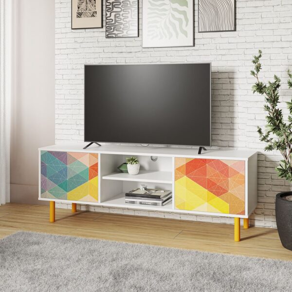 Manhattan Comfort Mid-Century Modern Retro 57.87 TV Stand with 4 Shelves in White and Multi Color Red, Yellow, Blue Print