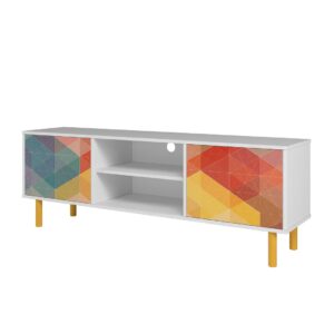 Manhattan Comfort Mid-Century Modern Retro 57.87 TV Stand with 4 Shelves in White and Multi Color Red, Yellow, Blue Print