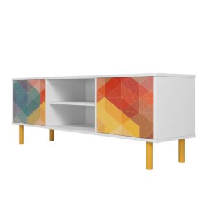 Manhattan Comfort Mid-Century Modern Retro 57.87 TV Stand with 4 Shelves in White and Multi Color Red, Yellow, Blue Print