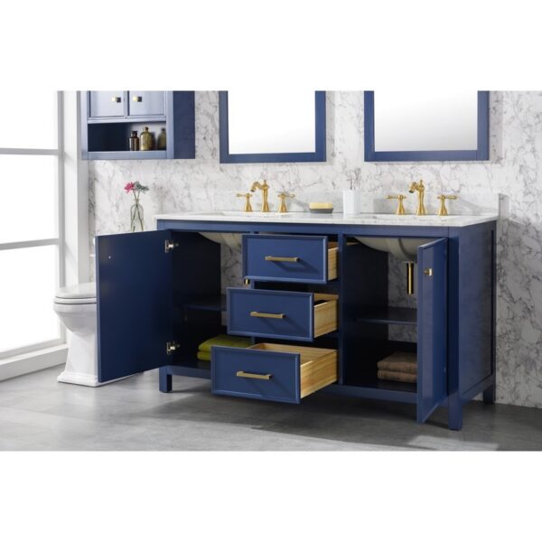 Legion Furniture WLF2160D-B 60 Inch Blue Finish Double Sink Vanity Cabinet with Carrara White Top