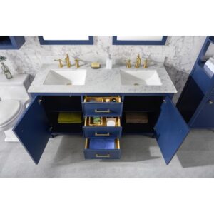 Legion Furniture WLF2160D-B 60 Inch Blue Finish Double Sink Vanity Cabinet with Carrara White Top