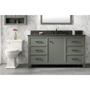 Legion Furniture WLF2160S-PG 60 Inch Pewter Green Finish Single Sink Vanity Cabinet with Blue Lime Stone Top