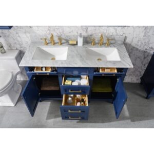 Legion Furniture WLF2254-B 54 Inch Blue Finish Double Sink Vanity Cabinet with Carrara White Top