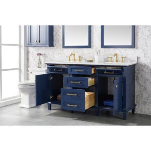 Legion Furniture WLF2260D-B 60 Inch Blue Finish Double Sink Vanity Cabinet with Carrara White Top