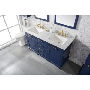 Legion Furniture WLF2260D-B 60 Inch Blue Finish Double Sink Vanity Cabinet with Carrara White Top