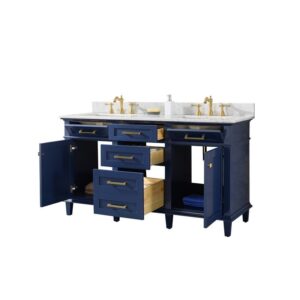 Legion Furniture WLF2260D-B 60 Inch Blue Finish Double Sink Vanity Cabinet with Carrara White Top