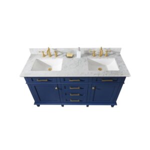 Legion Furniture WLF2260D-B 60 Inch Blue Finish Double Sink Vanity Cabinet with Carrara White Top