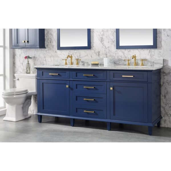 Legion Furniture WLF2272-B 72 Inch Blue Double Single Sink Vanity Cabinet with Carrara White Top