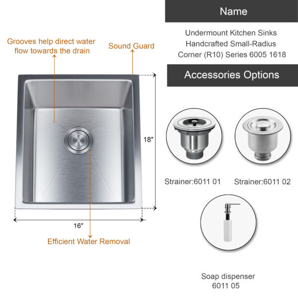 Dowell Undermount Kitchen Sinks Handcrafted Small-Radius Corner (R10) Series 6005 1618