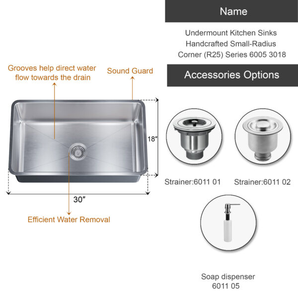 Dowell Undermount Kitchen Sinks Handcrafted Small-Radius Corner (R25) Series 6005 3018