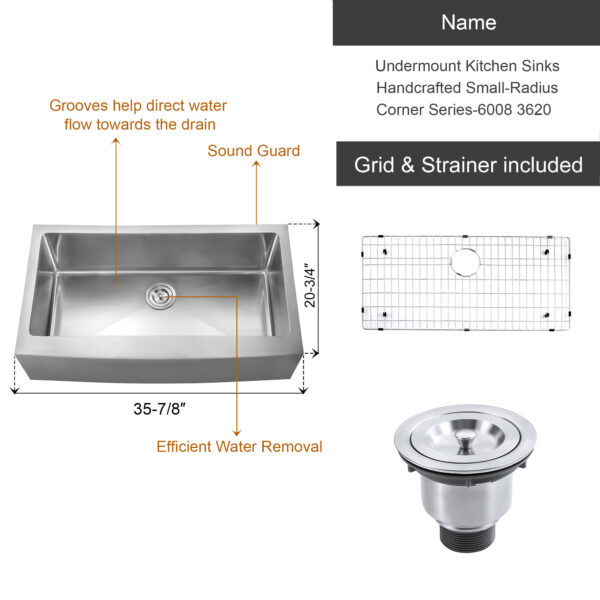 Dowell Undermount Kitchen Sinks Handcrafted Small-Radius Corner Series-6008 3620